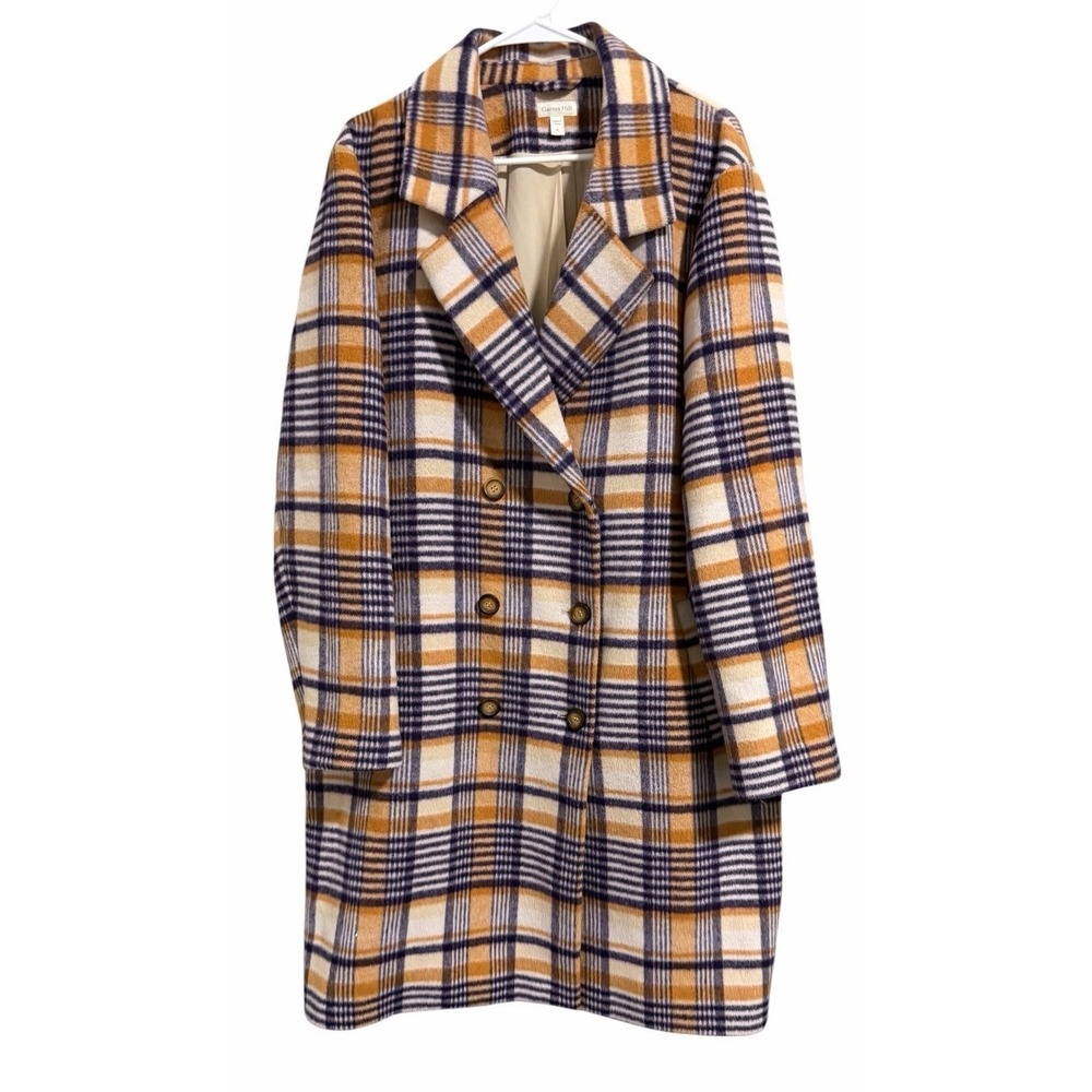 Garnet Hill Plaid Wool Coat Purple/Tan Women's Size XL